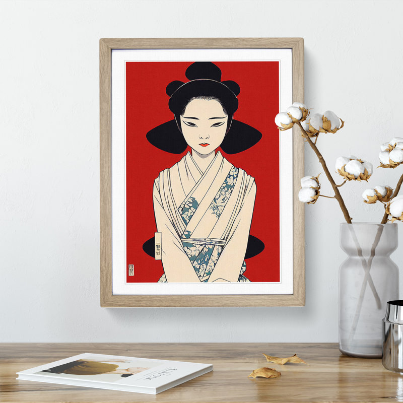 Gentle Geisha - Wall Art, 64cm H x 46cm W x 2cm D, Oak Framed