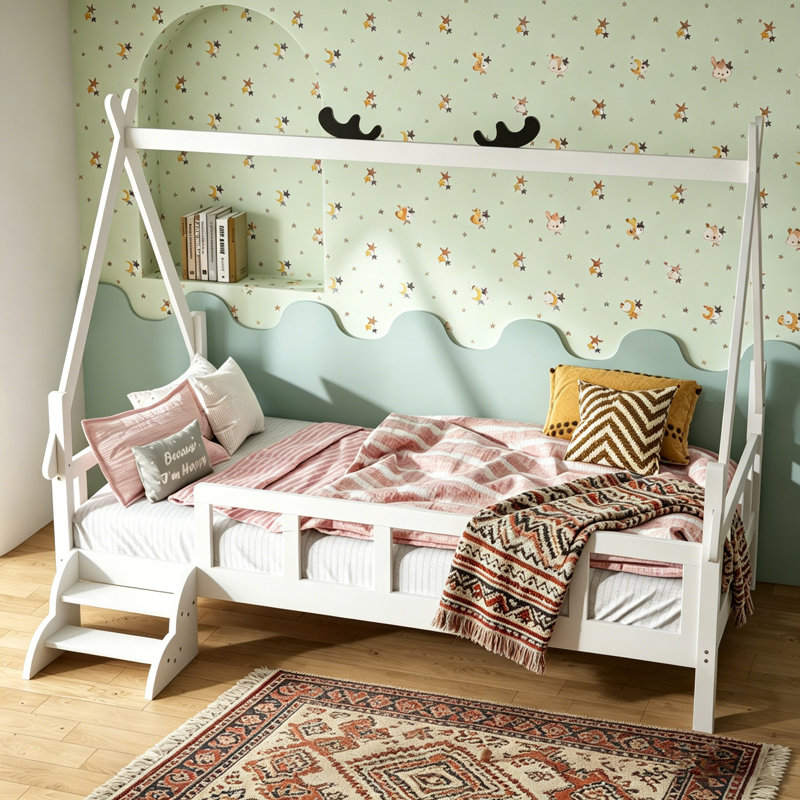 Twin Size  Bed Frame with Guardrails & Step Ladder, Solid Wood Platform Bed, White