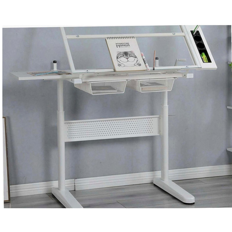 Hand Crank Adjustable Drafting Table Drawing Desk With 2 Metal Drawers (White)With Stool, White