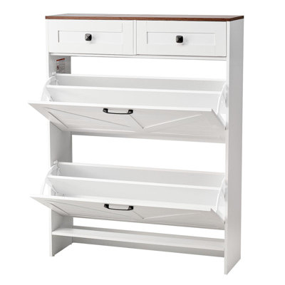 Armoire à chaussures avec 2 tiroirs rabattables, armoire de rangement pour chaussures de campagne avec 2 tiroirs et dispositif anti-basculement, organisateur de chaussures autoportant idéal pour le vestibule, le couloir, la chambre à coucher, le salon, le blanc