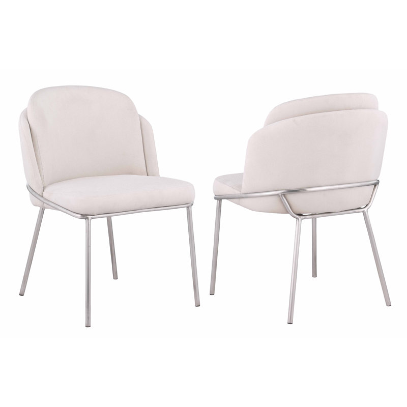 Kamila White Fabric Upholstered Side Chair with Brushed Stainless Steel Legs