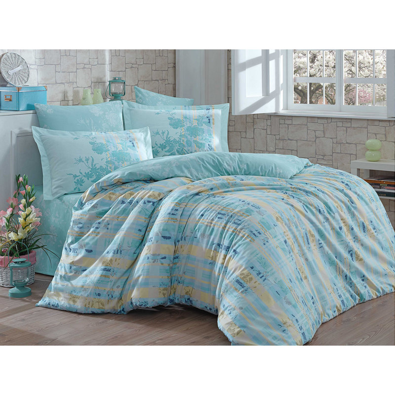 Ensemble de housse de couette 100% coton bleu clair / jaune 3 pièces Hockett