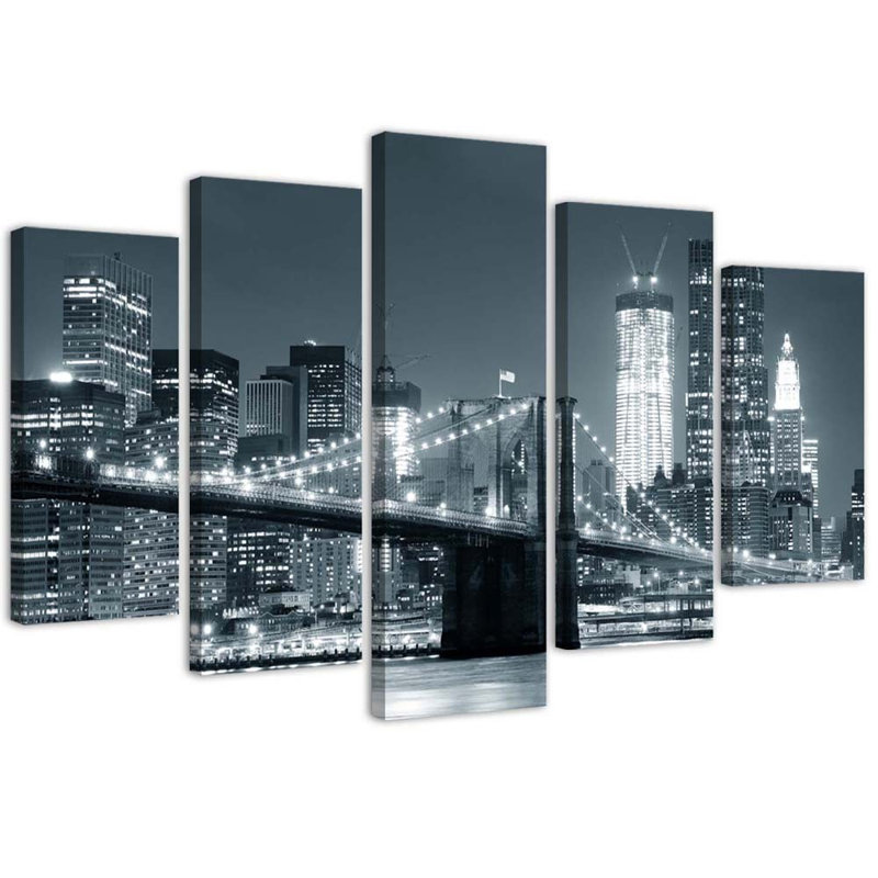 New York Bridge Black And White - 5 Piece Wrapped Canvas Print