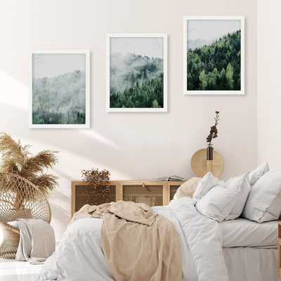 Idea4wall, art mural encadré brume sur pin, ensemble de 3 impressions murales forêt montagne, décoration murale nature sauvage pour salon, chambre à coucher, 3 pièces