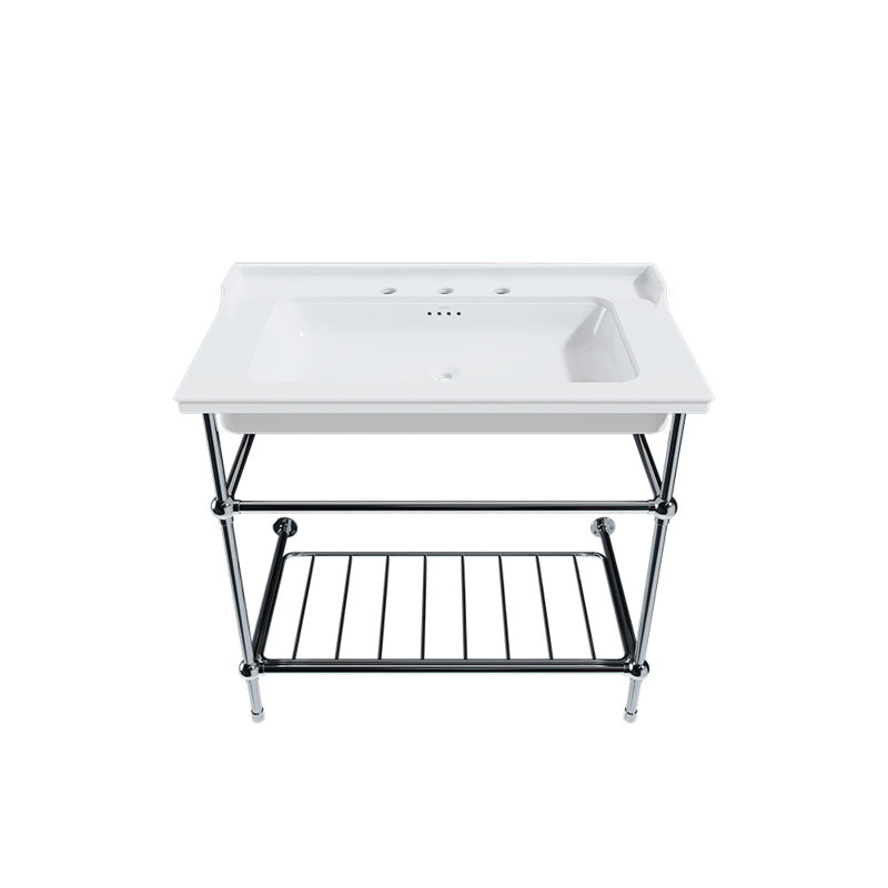 Gloss White Fireclay Rectangular Console Bathroom Sink with Overflow, 8" Centers, Matte Black