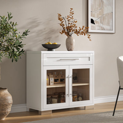 Armoire de rangement 31,5 "à porte en verre ultrabrillant avec tiroirs et pieds galvanisés, blanc