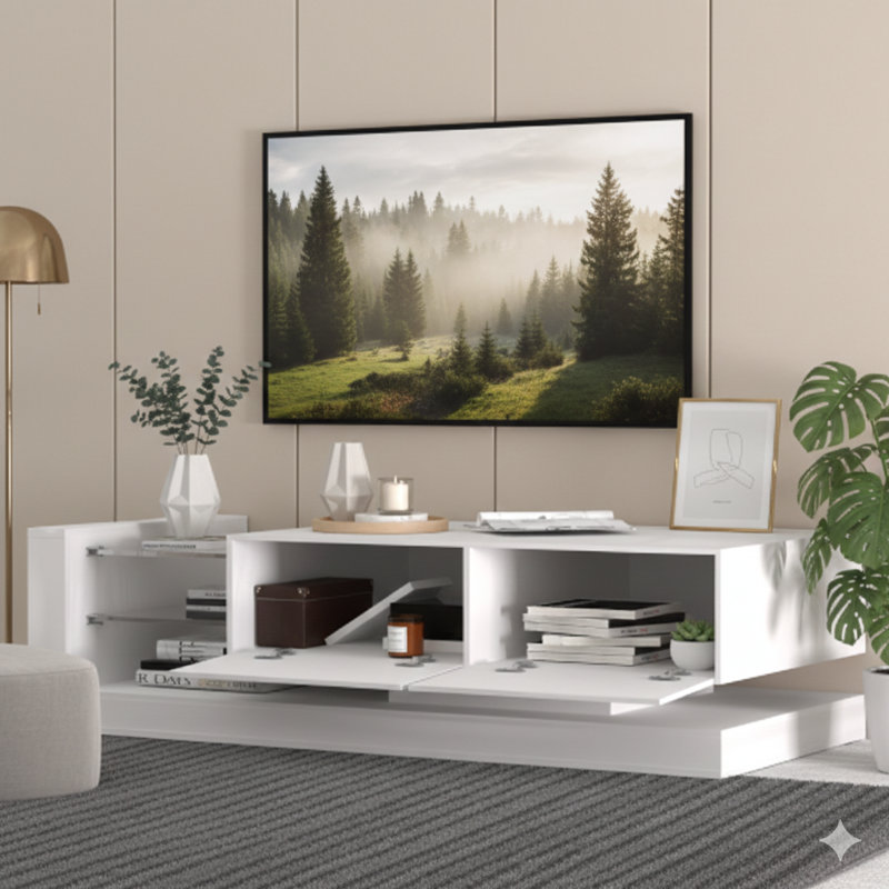 Meuble audio-vidéo moderne blanc avec armoires de rangement, avec une bande lumineuse à DEL RVB complète avec 31 modes contrôlables par télécommande. Conçu pour les téléviseurs de 75 pouces.