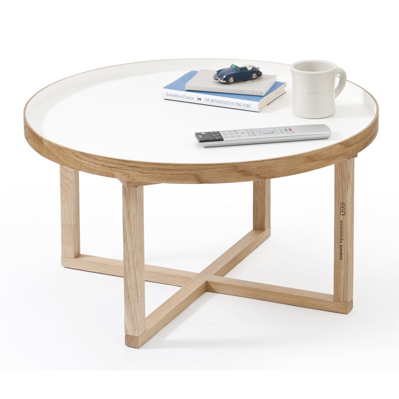 Bostic Solid Wood Tray Top Cross Legs End Table, White/Oak