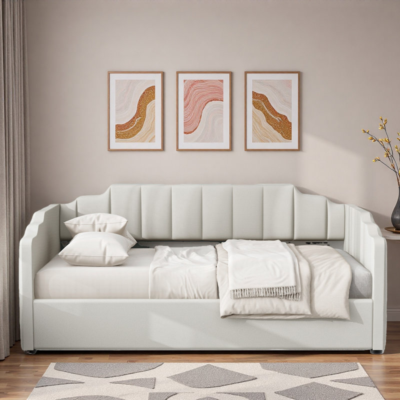 Upholstered Daybed With Underneath Storage And Vertical Striped Design, Beige