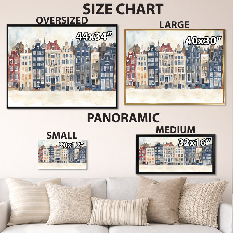 Maisons des canaux d'Amsterdam - Tableau encadré sur toile représentant un paysage urbain bleu marine, H 16 po x l 32 po