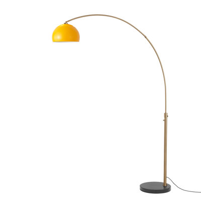 Lampe à arc 92 po Ellerbe - Style Mid-Century moderne, corps en laiton patiné, abat-jour en lin moutarde, base en marbre noir, à intensité variable, idéale pour le salon ou la chambre à coucher