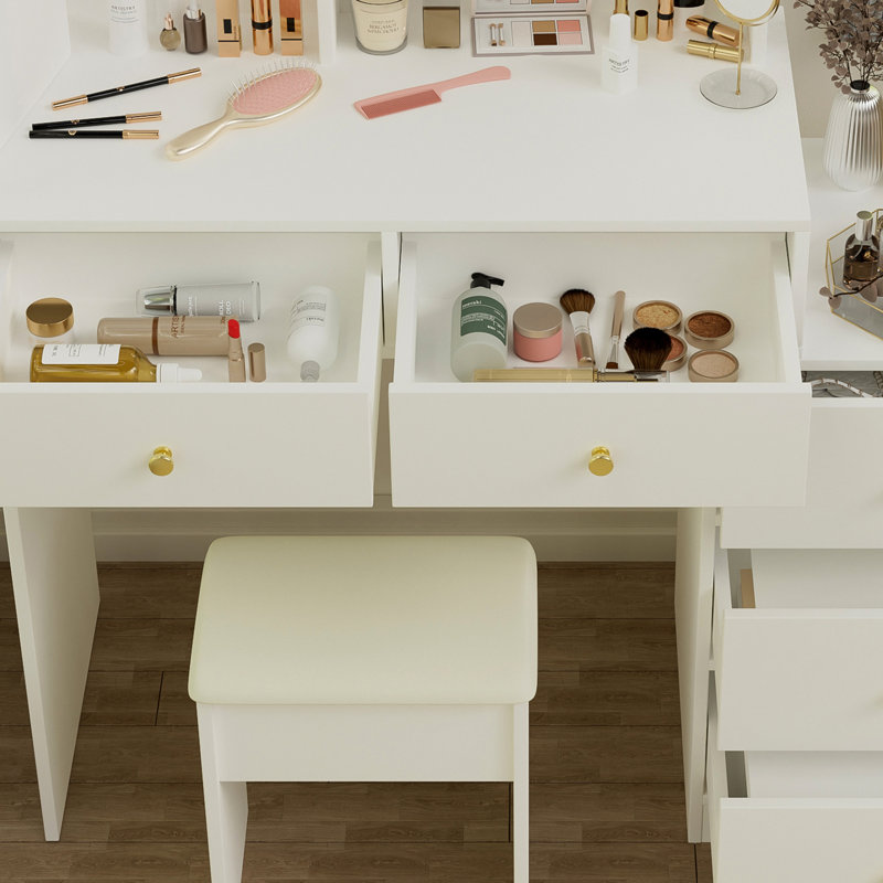 Meuble-lavabo à DEL avec miroir et table - éclairage 3 couleurs, blanc, rangement spacieux, lumières blanches de luxe pour la chambre à coucher, 5 tiroirs et plus, tablettes réglables,