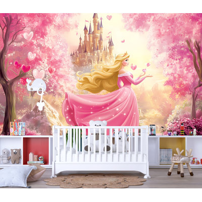 Papier peint princesse rose avec château fantaisiste - Conte de fées fantaisiste avec cœurs et fleurs
