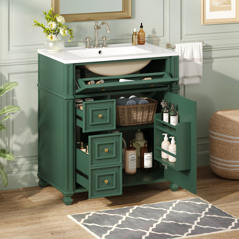 Meuble-lavabo de salle de bain avec lavabo en céramique, 30 po, portes à fermeture douce, rangement, Vert/doré