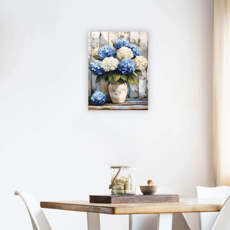 Bleu et blanc, hortensia, art mural, décoration intérieure, 24 po x 18 po