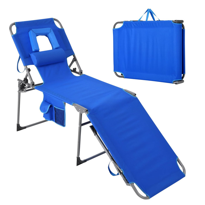 Portable Outdoor Tanning Lounge Chair with Face Hole, 5-Position Adjustable Reclining Backrest, Side Pocket & Pillow for Beach, Poolside and Patio