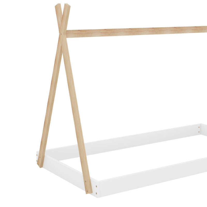 Twin Floor Bed With Triangle Structure, White/Natural