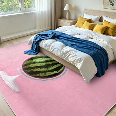 Tapis d'intérieur rose lavable à la machine, motif globe sphérique pastèque pastel