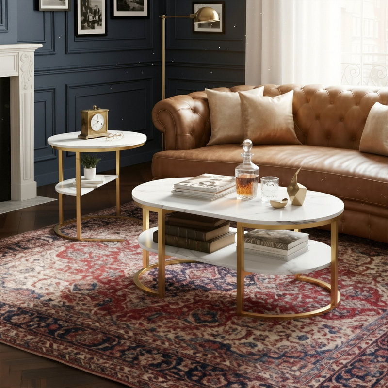 80Cm Modular Coffee Table Set (Set Of 2), Interlocking Round Side Table & Oval Table With Shelf,, Gold
