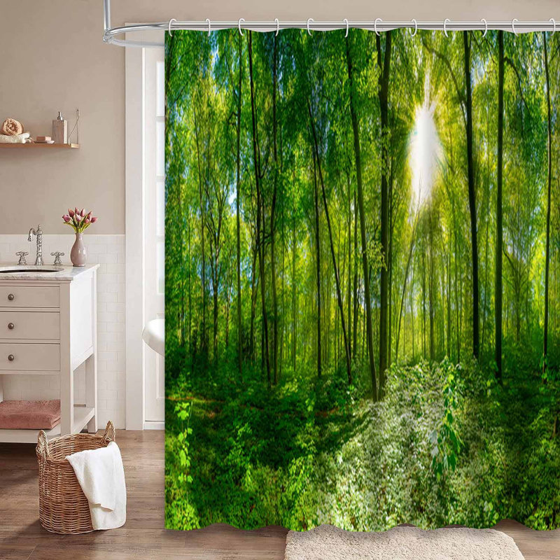 Magnifique rideau de douche vert avec 12 crochets Forest Sun Rays, L 72 po x l 78 po