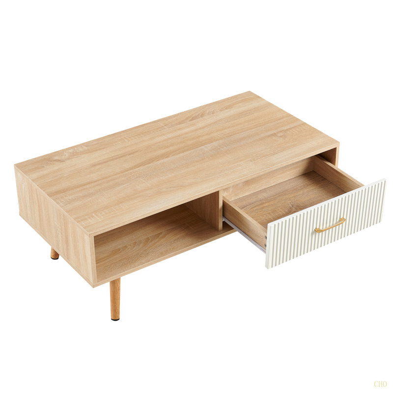 Table basse rectangulaire avec pieds solides, tiroir coulissant pour le rangement, table moderne pour le salon, Naturel