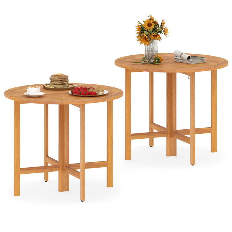 2PCS 36" Outdoor Acacia Folding Round Dining Table with  Slatted Tabletop for Backyard, 2