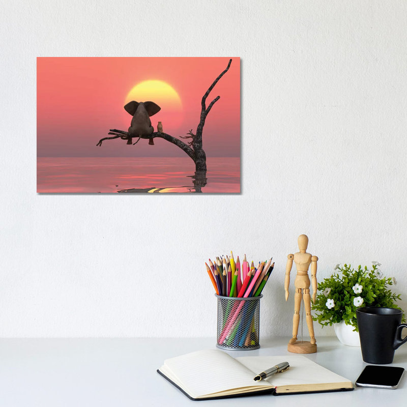 Elephant And Dog Are Sitting On A Tree At Red Sunset by Mike Kiev - Wrapped Canvas Print, 20.32 cm H x 30.48 cm W