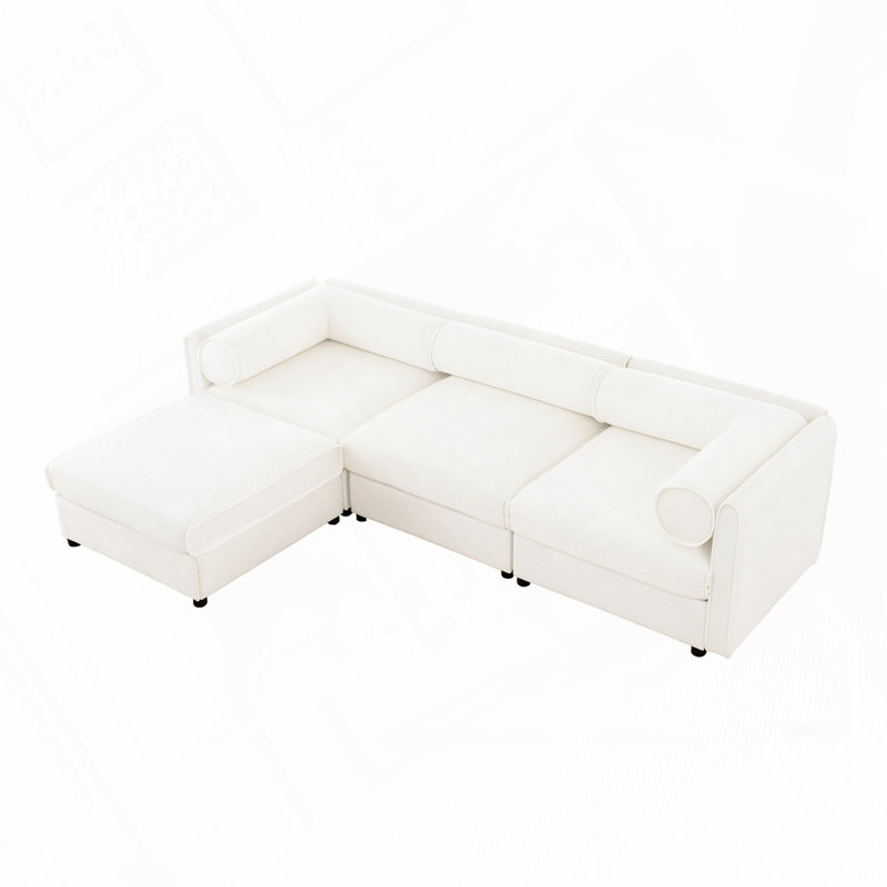Canapé en chenille 3 places avec repose-pieds, Blanc