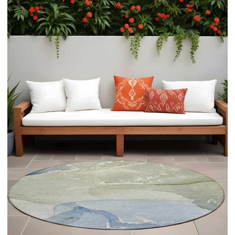 8' Round Blue and Green Round Abstract Indoor Outdoor Area Rug 8' Round Blue and Green Round Abstract Indoor Outdoor Area Rug