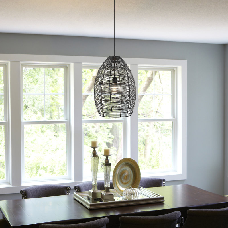 12.25"W Atmore Metal Woven Cone-Shaped Pendant Light - Beachcrest Home, Black, Black