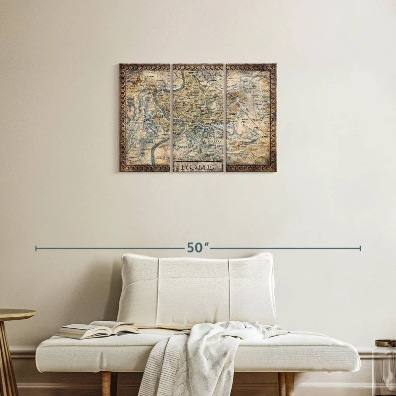 Carte de Rome rétro sur toile, ensemble de 3 pièces, H 20 po x l 33 po x P 1 po