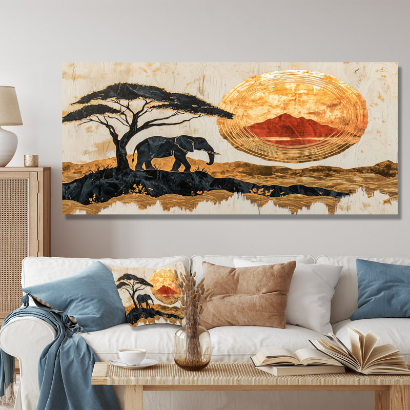 Éléphants au coucher du soleil «Whisper Of The Wild I» - Éléphant, art mural, H 28 po x l 60 po, Toile tendue