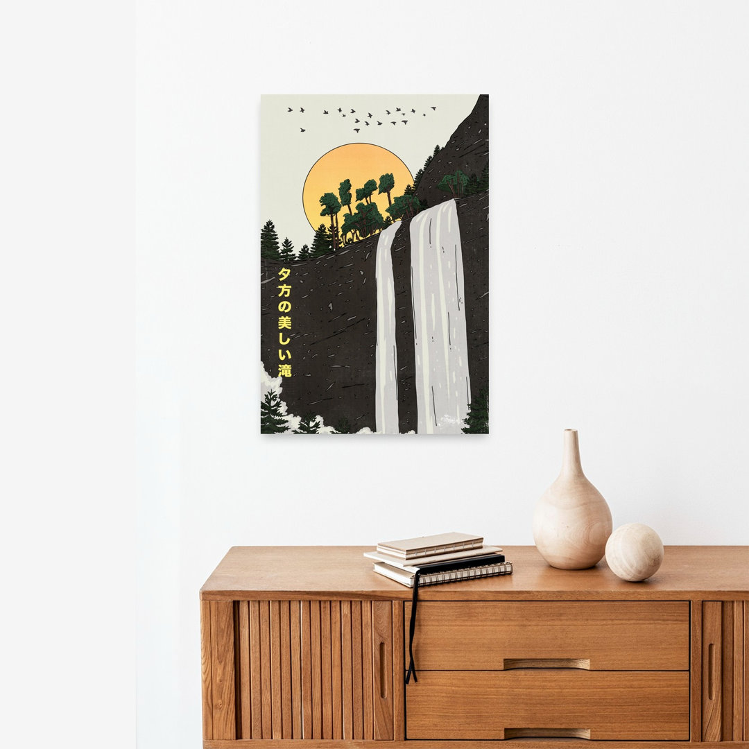 Japanese Sunset Waterfall Peaceful Serene Tranquil Pine Tree Bird Forest Landscape Wall Art Print