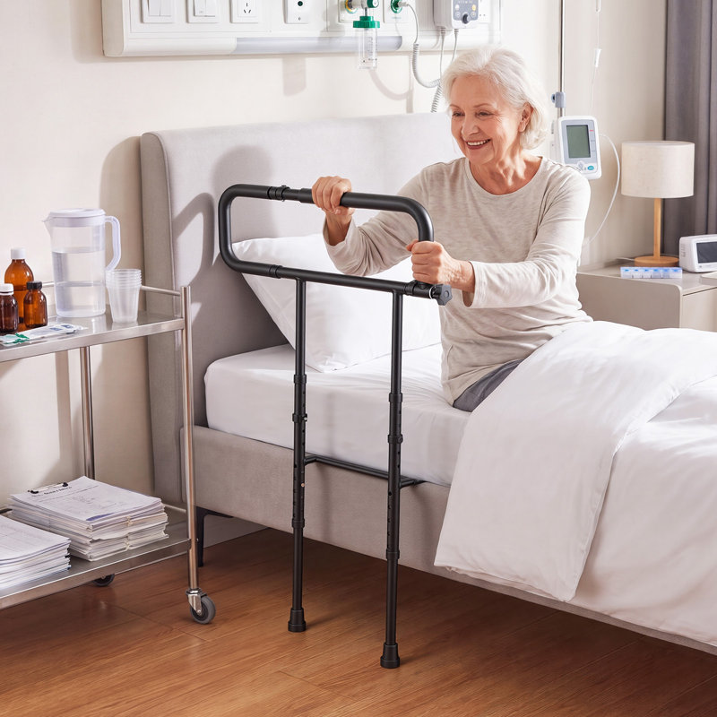 Barrières de lit pour personnes âgées Barrière latérale de lit pliable avec support au sol, réglable en hauteur et en hauteur, canne de chevet en acier à haute résistance, compatible avec un grand lit double grand lit, capacité forte de 300 lb