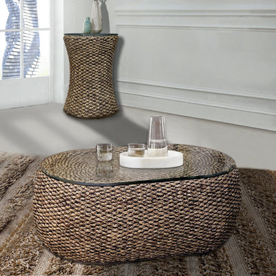 Onshuntay Seagrass Coffee Table with Glass Top
