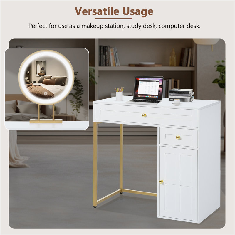 White and Gold 31.5'' Makeup Vanity Desk with Lighted Mirror
