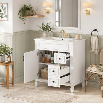Meuble-lavabo de salle de bain avec lavabo en céramique, petite armoire de salle de bain, armoire moderne avec 2 tiroirs et tablette réglable, 30 po