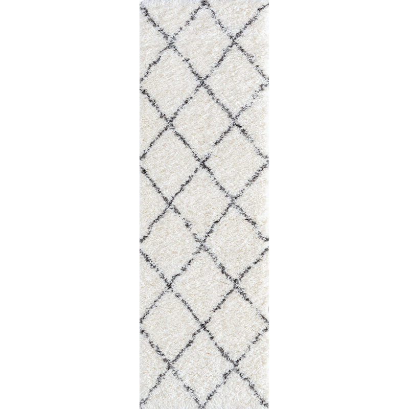 Tapis blanc à motif géométrique Asine, Tapis de couloir 2 pi 3 po x 7 pi 3 po