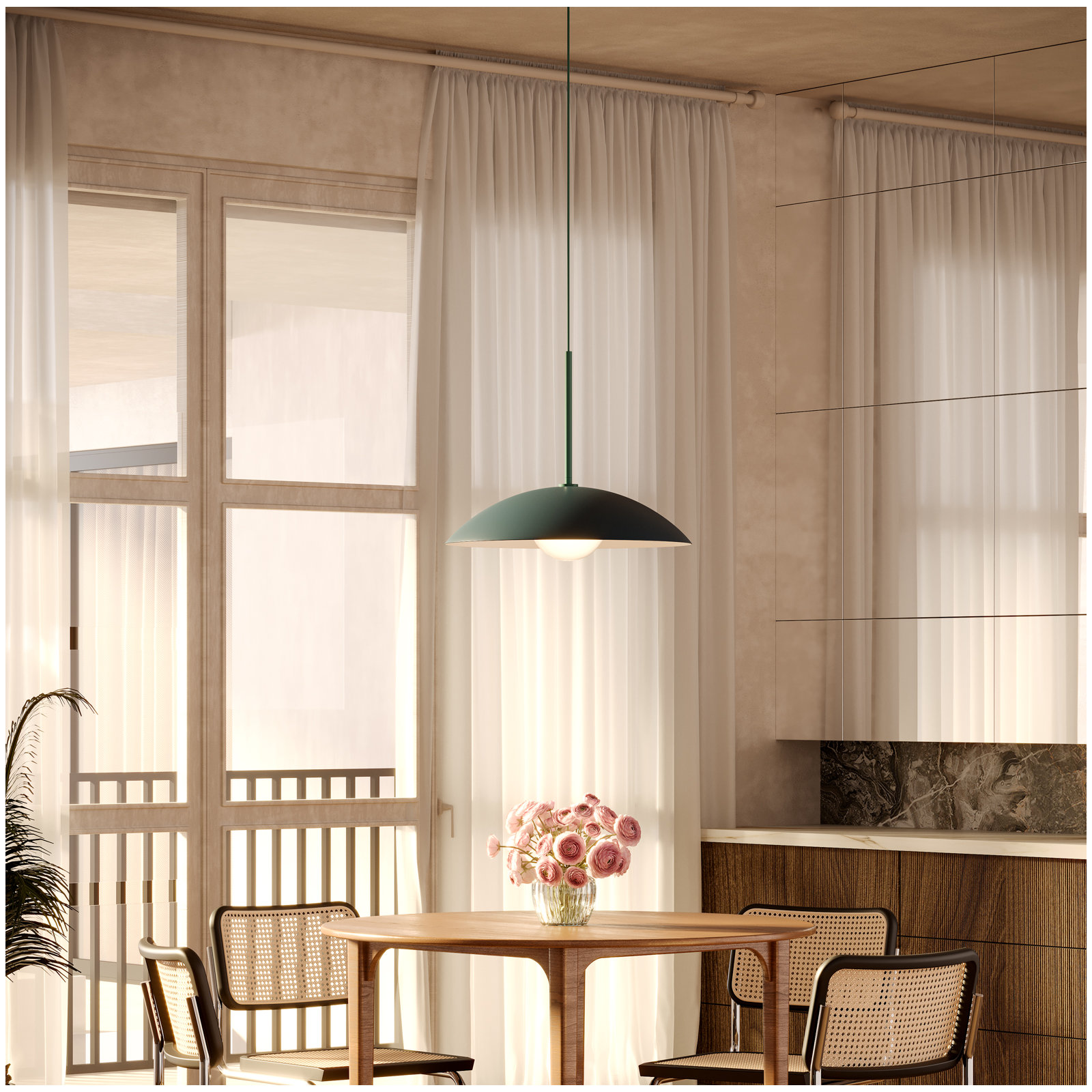Huxley Single Light Steel Dimmable Pendant, Green
