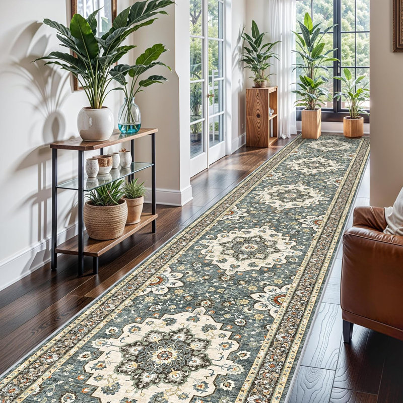 Washable Oriental Hallway Rug - Rugs for Living Room Soft Carpet for Bedroom Kitchen Waterproof Floral Distressed Indoor Stain Resistant Non-Shedding Floor Carpets (Blue)