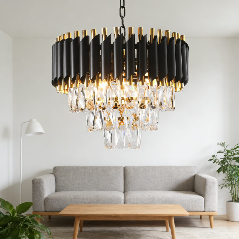 Lustre en cristal moderne avec cristaux K9 à 3 niveaux, noir et or, plafonnier pour le salon, la salle à manger, l'entrée et la chambre à coucher