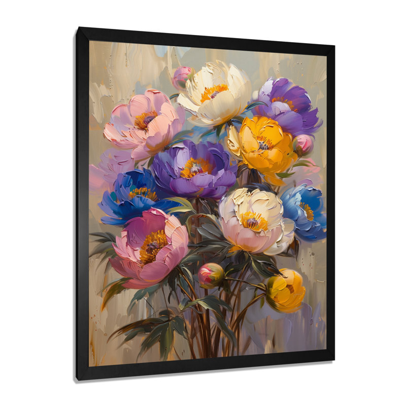 Véronique - pivoines, art mural, salon, H 12 po x l 20 po, Cadre noir