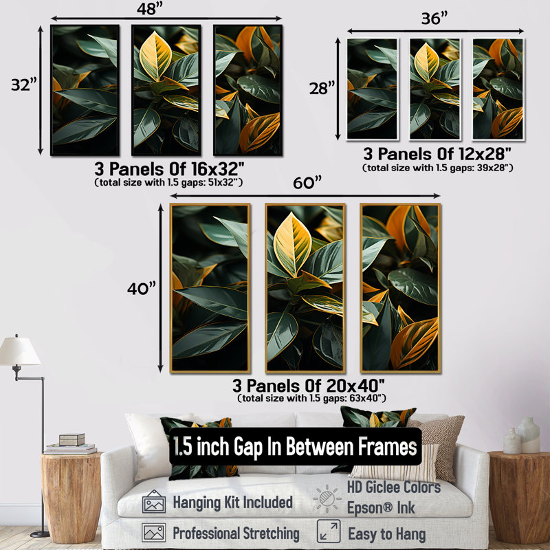 Garden Plants Botanical Fusion - Ensemble d'art mural plantes, Cadre flottant noir, H 32 po x l 48 po x P 1 po