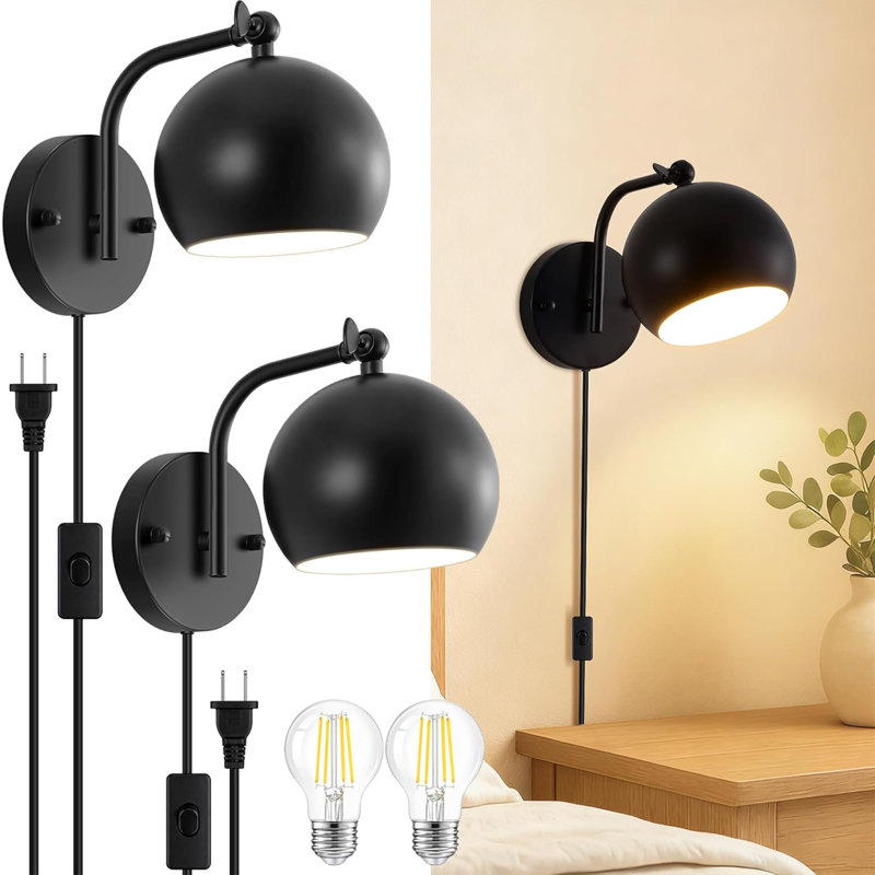 Black Globe Metal Shade Plug-In Wall Sconces with Plug in Cord & On/Off Switch 180° Adjustable Head, E26 Base Industrial Wall Light for Bedroom Living Room(2 Bulbs Included)