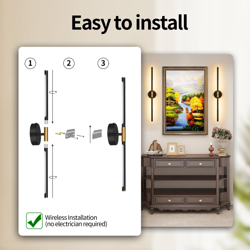 32'' Battery Operated Wall Sconces with Remote Control, Dimmable Wall Sconces Set of Two, 350°Rotate, Matte Black/Gold