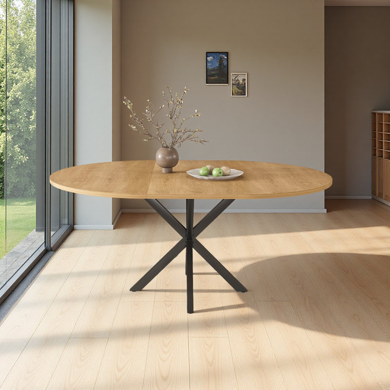 Extendable Round Dining Table For 2-6 Person, 43 To 58 Inch Oak Finish Expandable Table With Carbon Steel Base