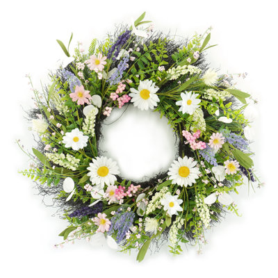 Wildflower Daisy Spring Wreath for Front Door, Artificial Lavender Greenery Wreath, Farmhouse Summer Decor