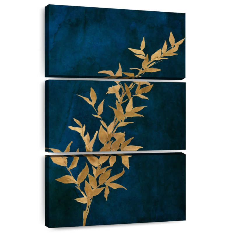 Harnek, feuilles d'or sur bleu marine II, H 38 po x l 24 po