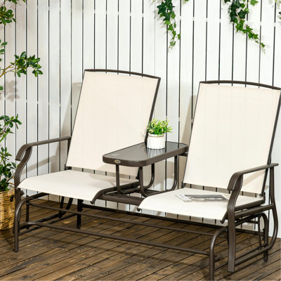 Terrasse avec balançoire et table basse centrale - Structure en métal beige pour espaces extérieurs (jardin, terrasse, porche). Banc à double balancelle, assise rembourrée en tissu respirant et robuste en maille d'acier.