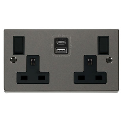 Black Nickel 2 Gang 13A Type A & C USB Twin Double Switched Plug Socket